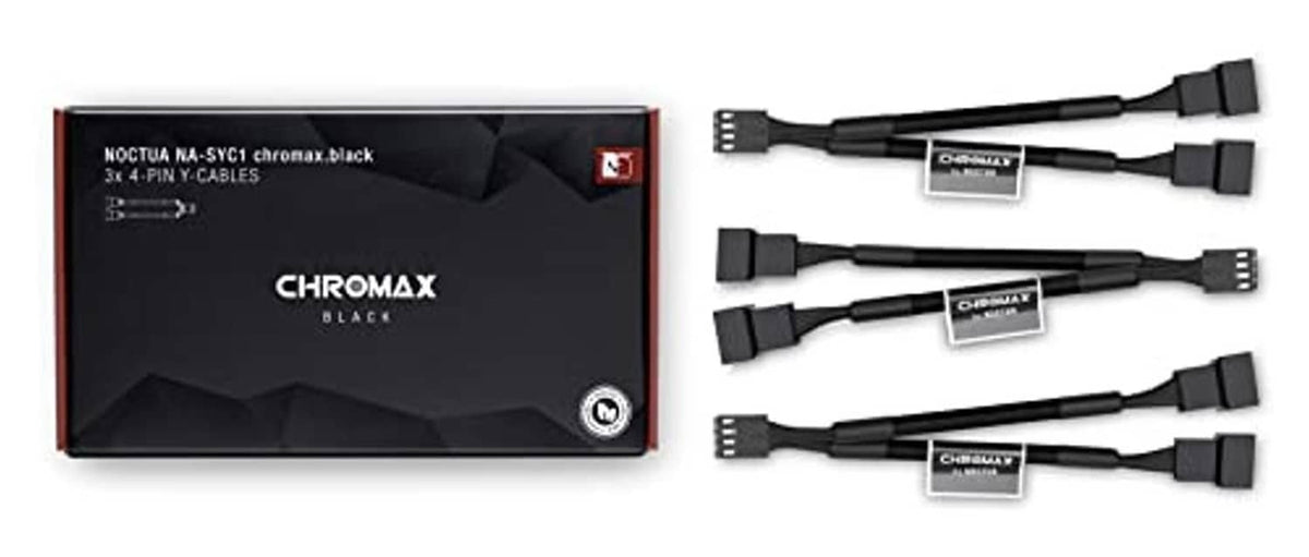Black 4-pin PWM PC fan Y-splitter cables with three inline adapters and connectors