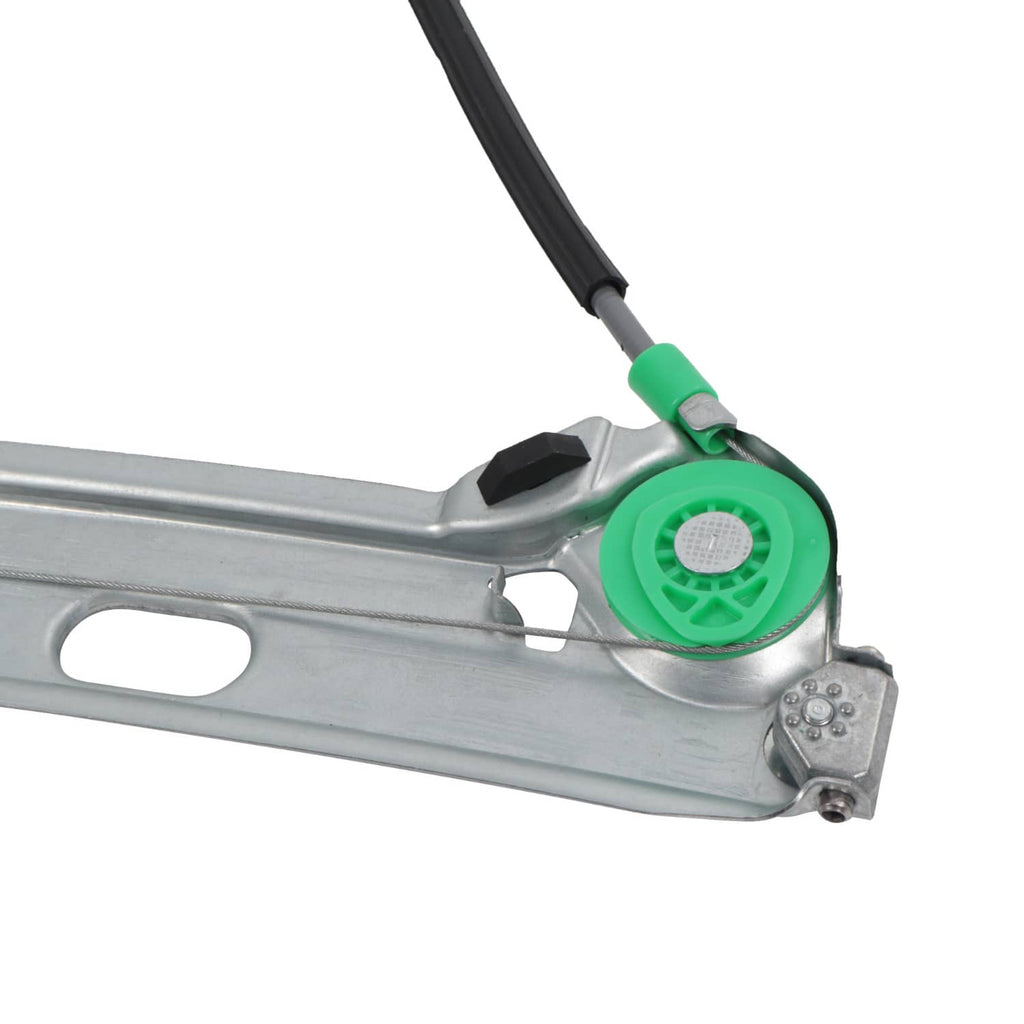 Window regulator arm with green cable guide and silver metal bracket, with black cable