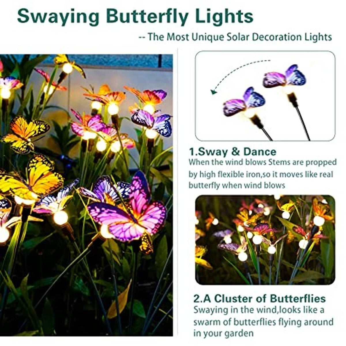 Solar butterfly garden lights brochure view: clusters of glowing butterfly stakes