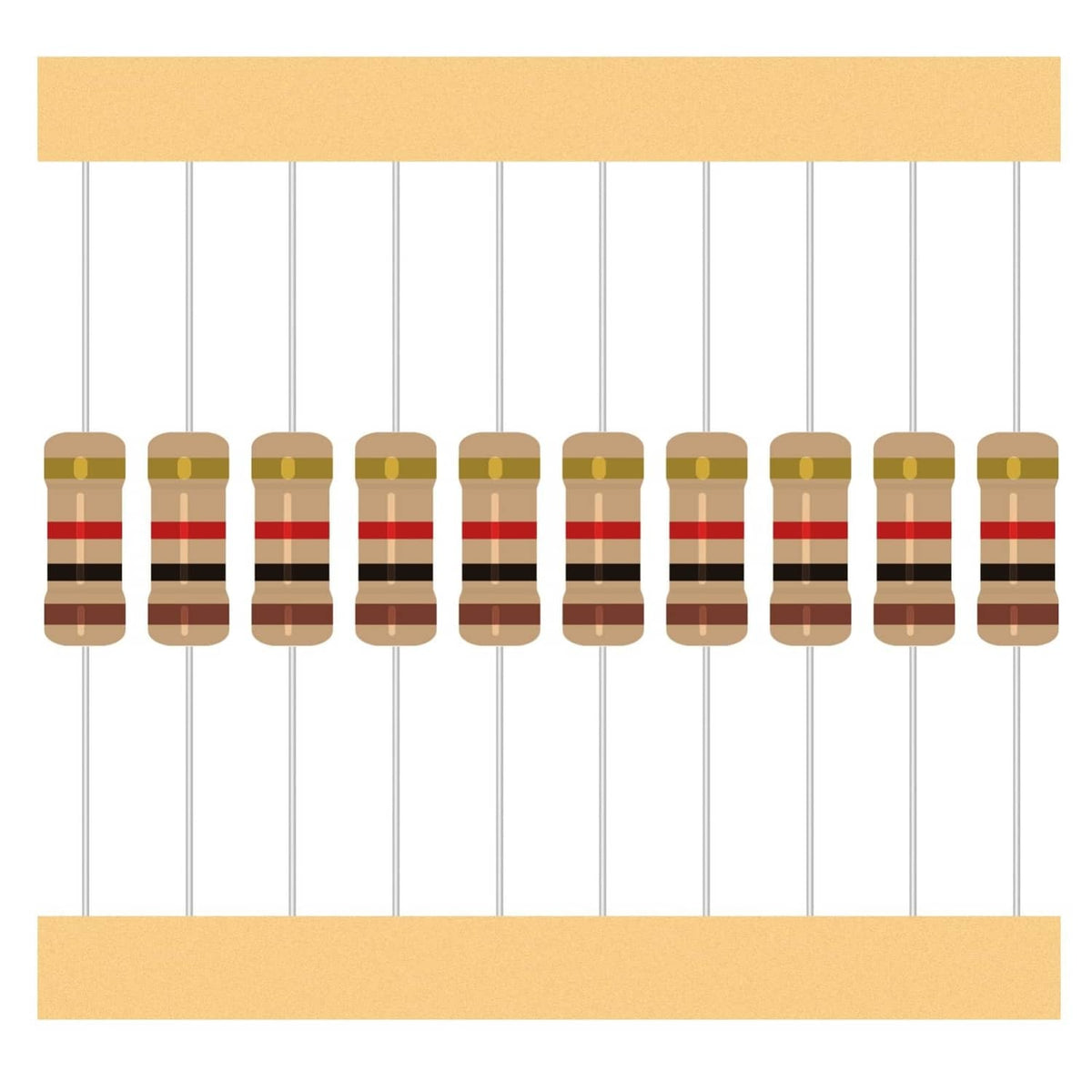 Axial lead carbon film resistors arranged on two lead rows in a batch