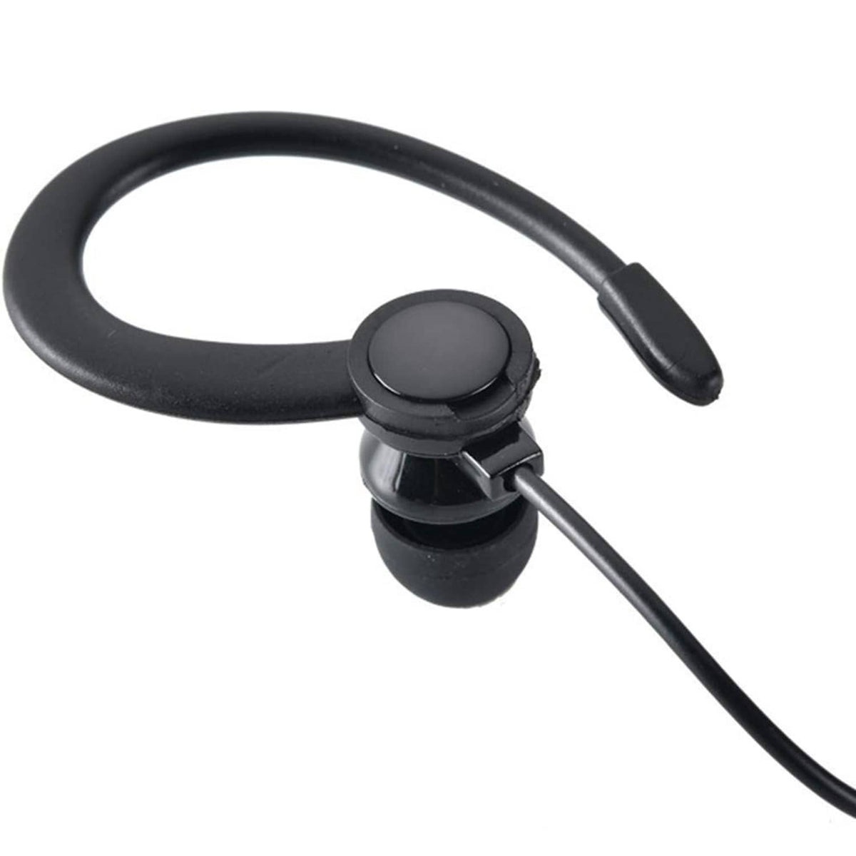 Black in-ear earbud with oval earhook and inline mic-style control module.