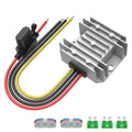 DC power converter with silver heat sink and red/black/yellow wire leads