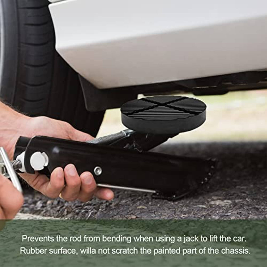 Black rubber jack pad under scissor jack, ribbed tread surface protects chassis