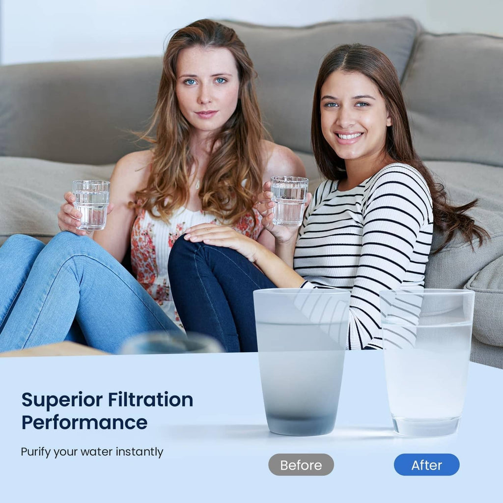 People holding glasses of water near a refrigerator water filter system