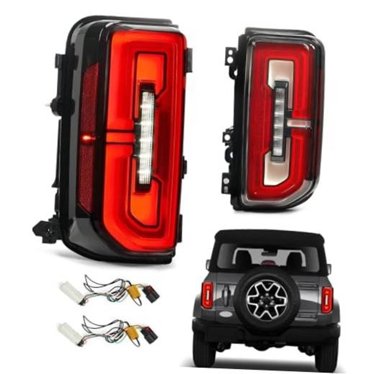 Red LED tail light pair with black bezels and included wiring harness