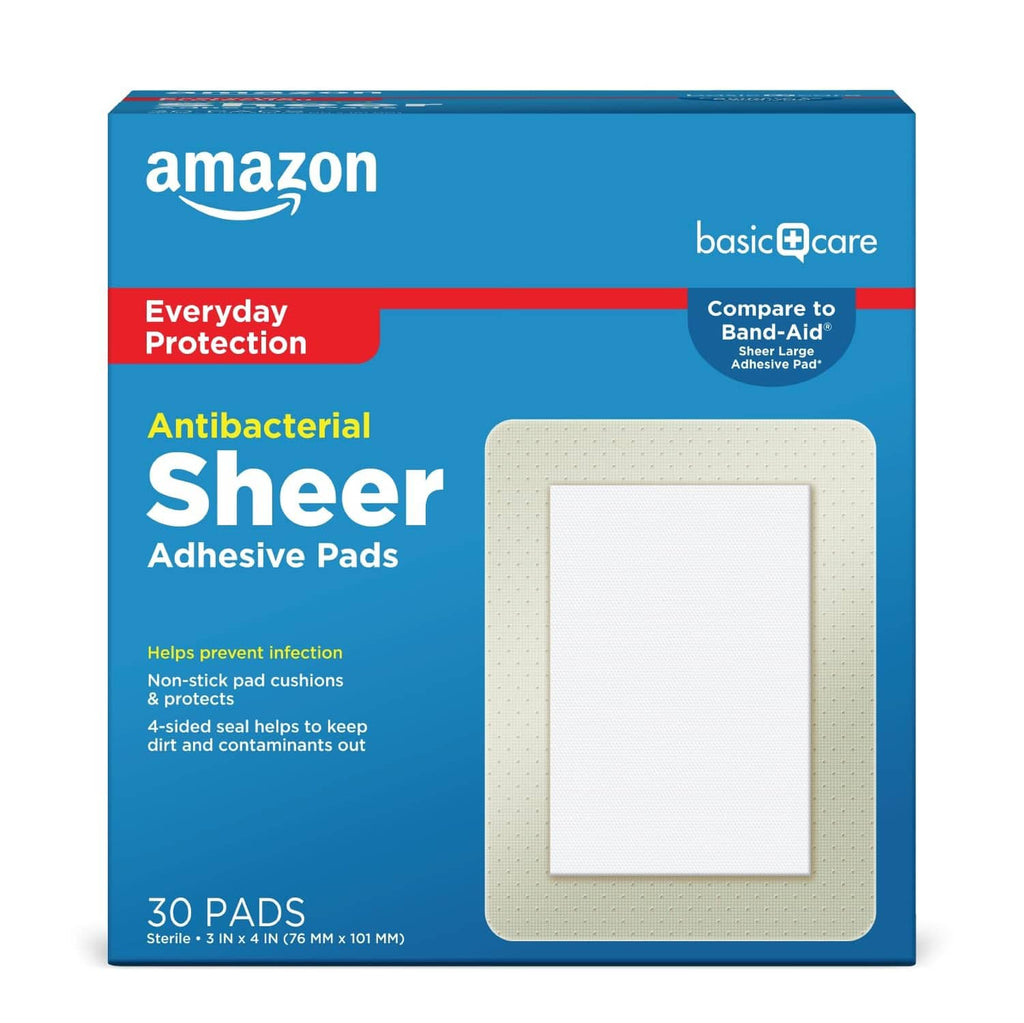 Basic Care sheer adhesive pad bandages, antibacterial non-stick pads in a box