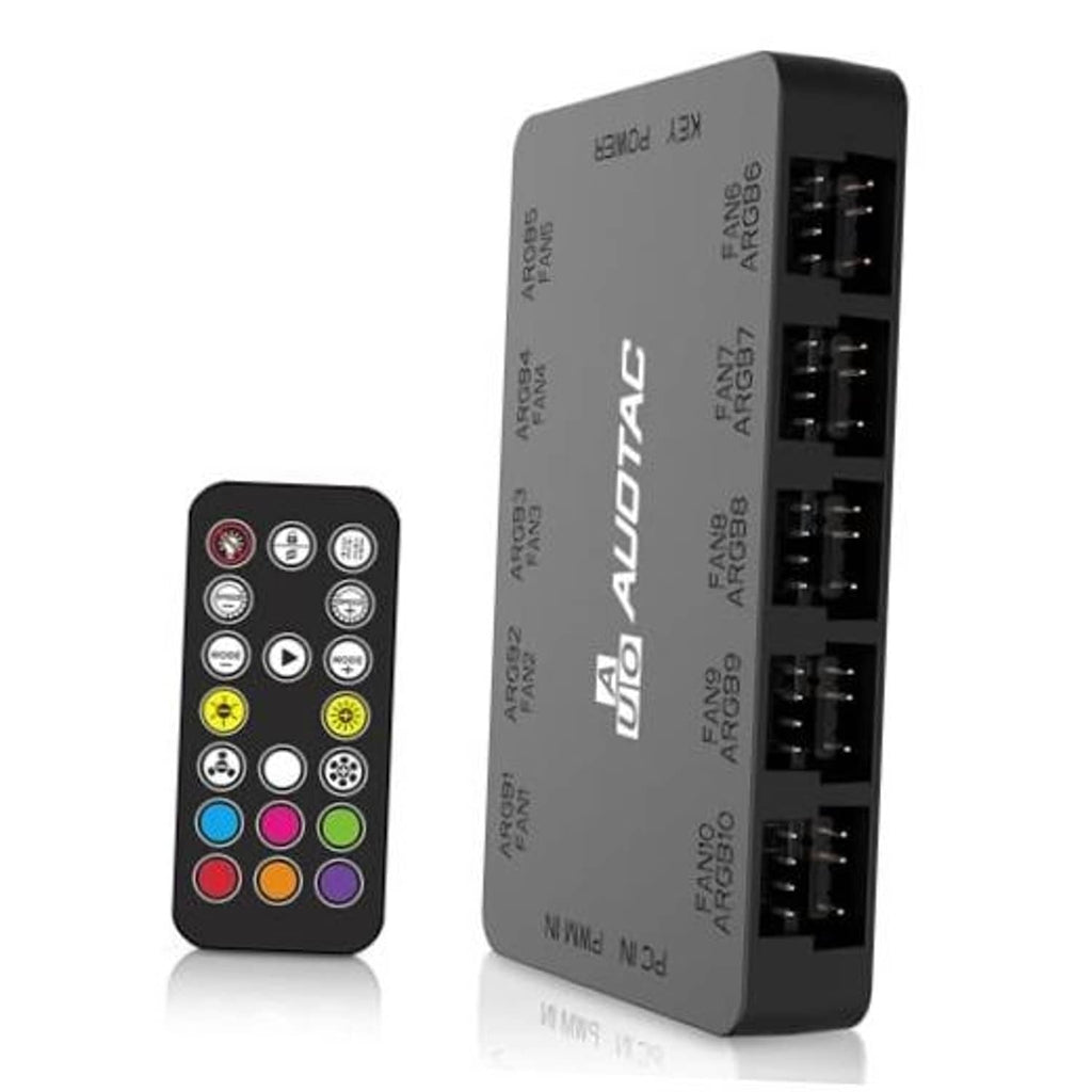 Black ARGB PWM fan hub with multiple fan headers and matching black RF remote