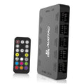 Black ARGB PWM fan hub with multiple fan headers and matching black RF remote
