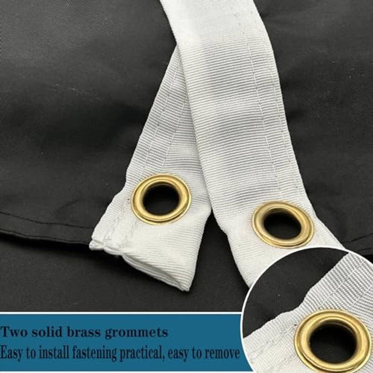 Black 3-ply outdoor flag with two brass grommets and reinforced corner hem