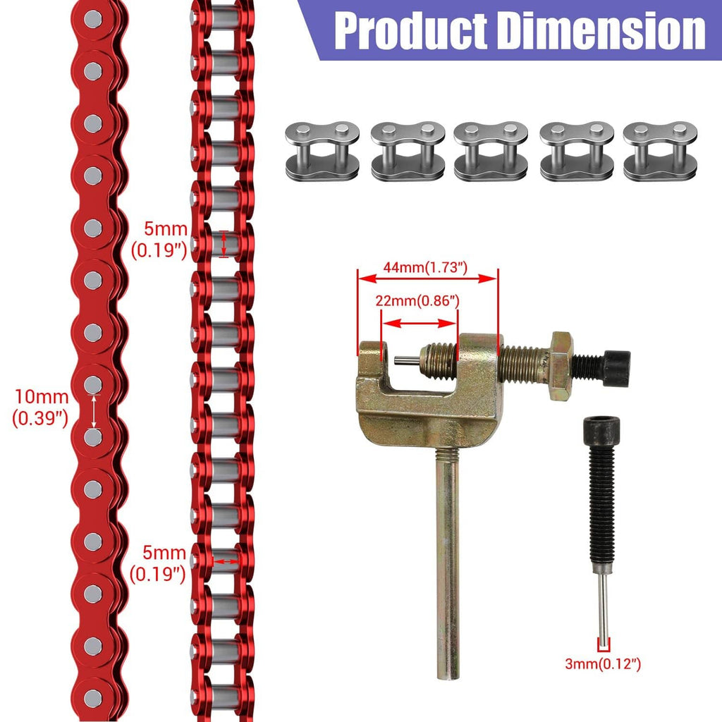 Red 35 chain with silver pins and gold tension tool; product dimensions shown.