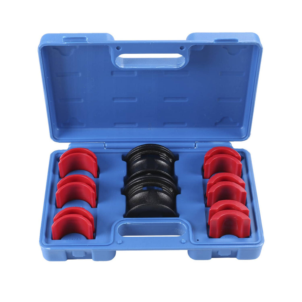 Motorcycle fork seal installer kit in blue case with red adapters and black driver parts