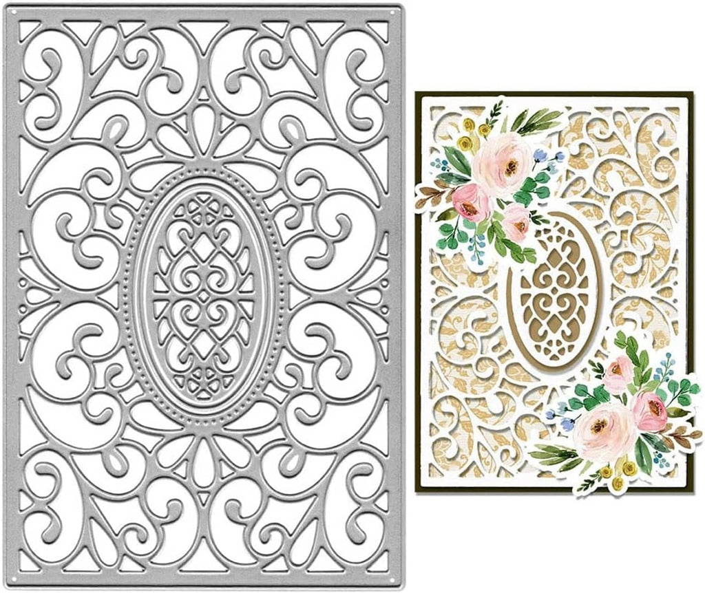 Metal oval lace flower frame cutting die with symmetrical swirl and scroll cutouts
