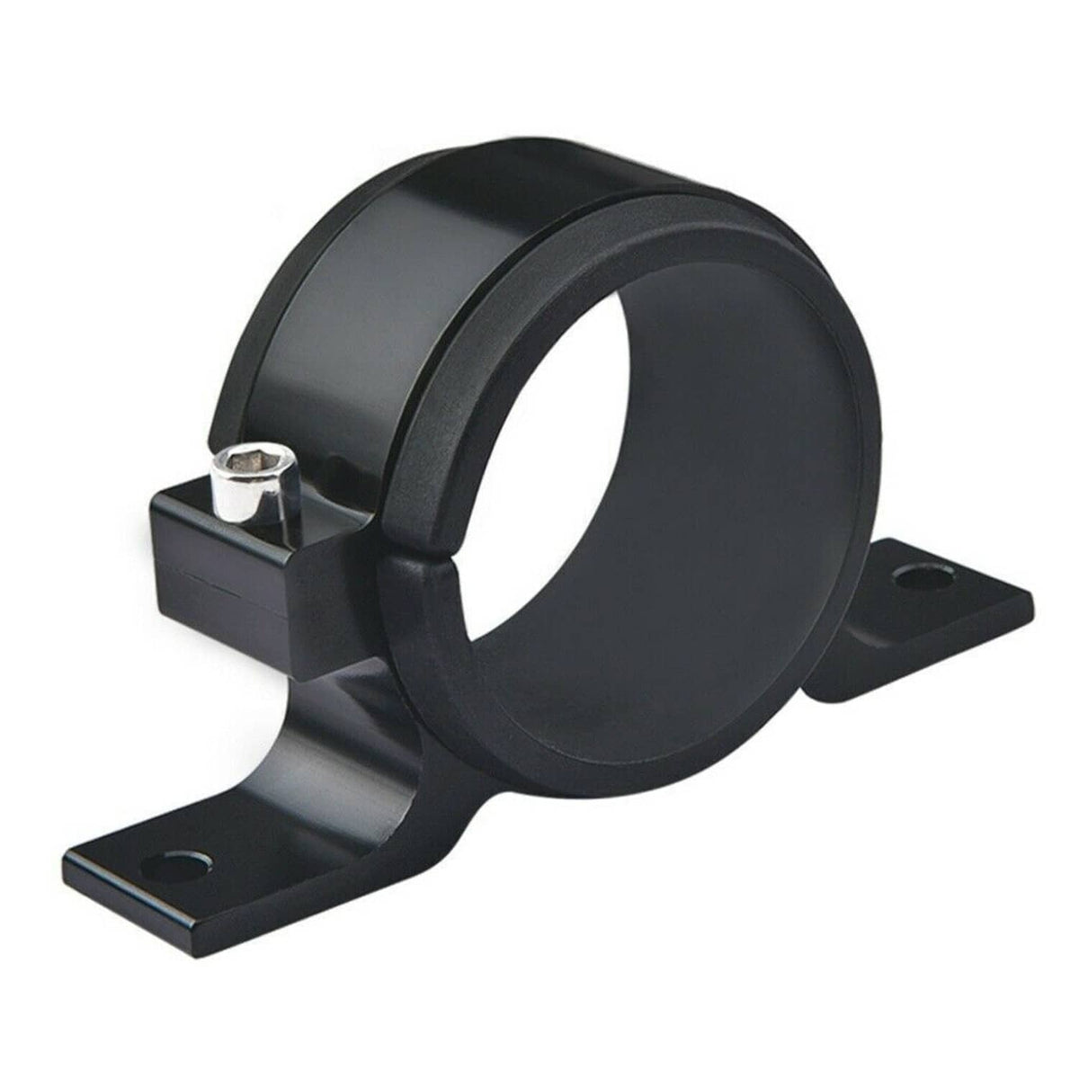 Black external fuel pump mounting bracket with two side support legs and bolt top