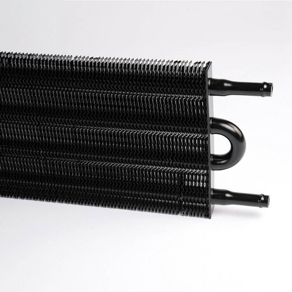 Transmission oil cooler core with finned aluminum radiator and inlet outlet ports