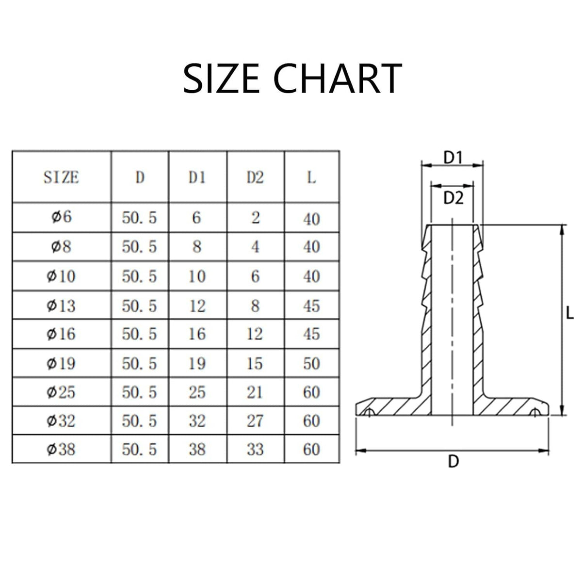 Adapter size chart diagram with labeled dimensions D, D1, D2, and L