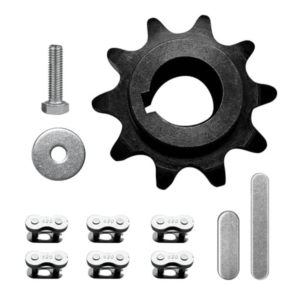 10-tooth sprocket kit with mounting bolt, washer, and steel key pieces, dark steel