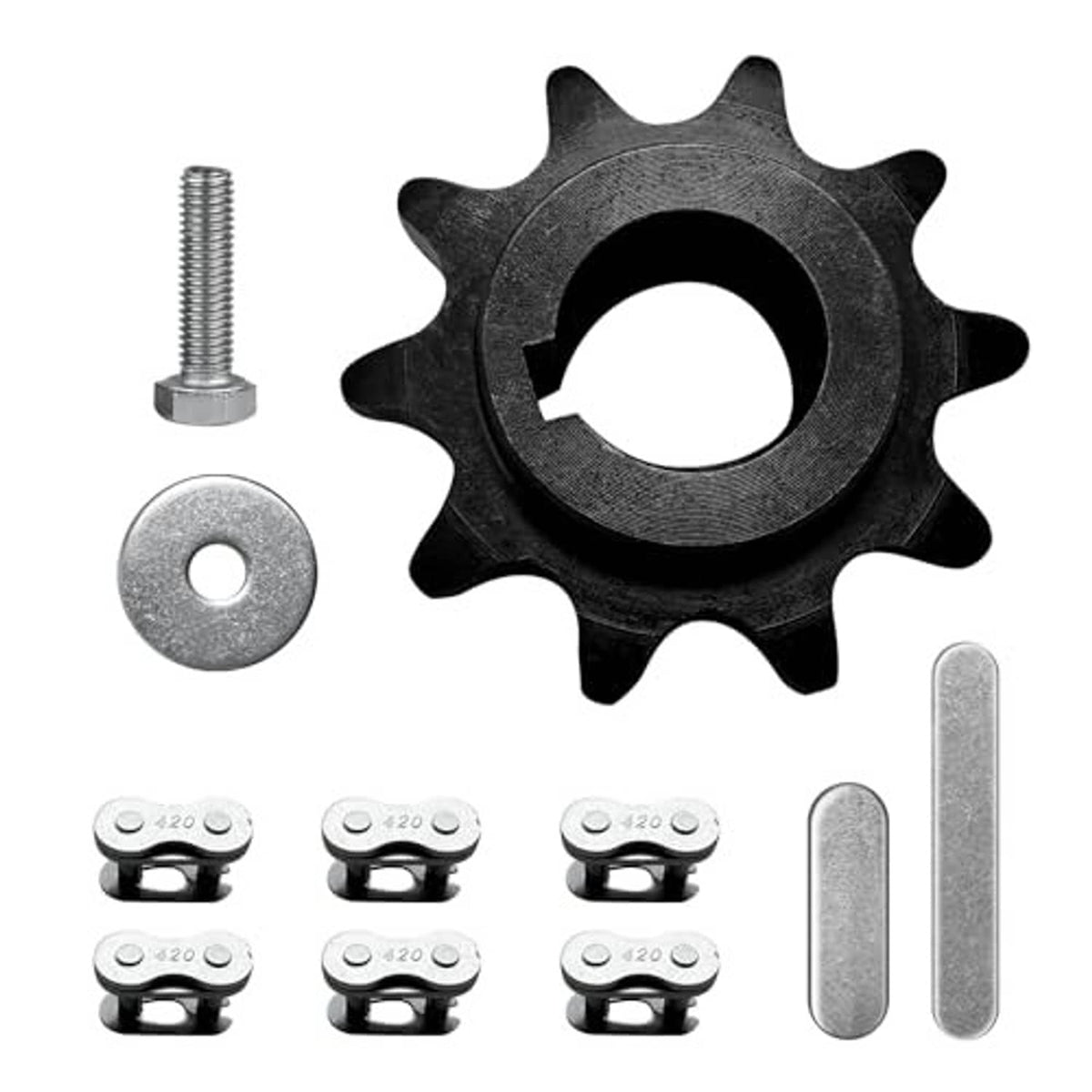 10-tooth sprocket kit with mounting bolt, washer, and steel key pieces, dark steel