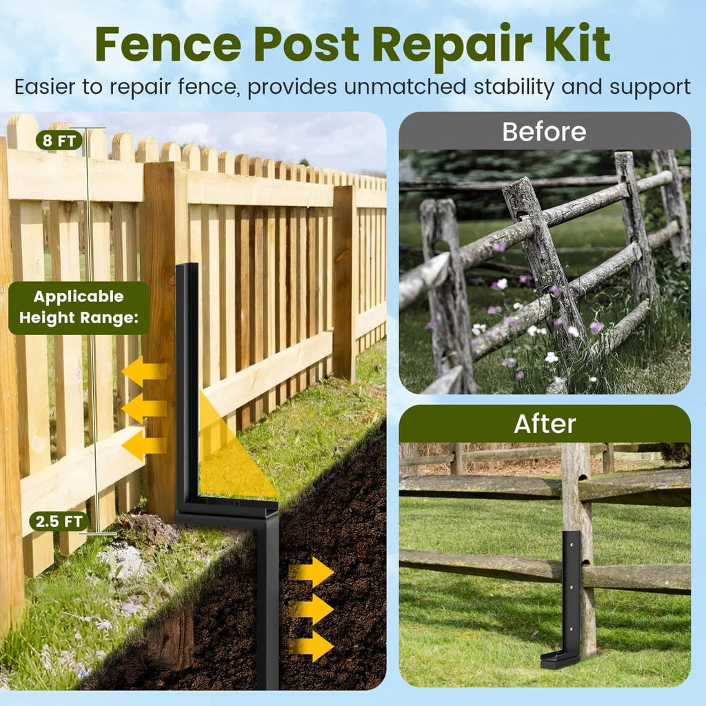 Black steel fence post repair stake with base plate supporting a wooden fence