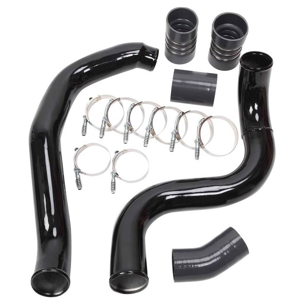 Black silicone intercooler hoses with couplers, small clamps, and mounting boots