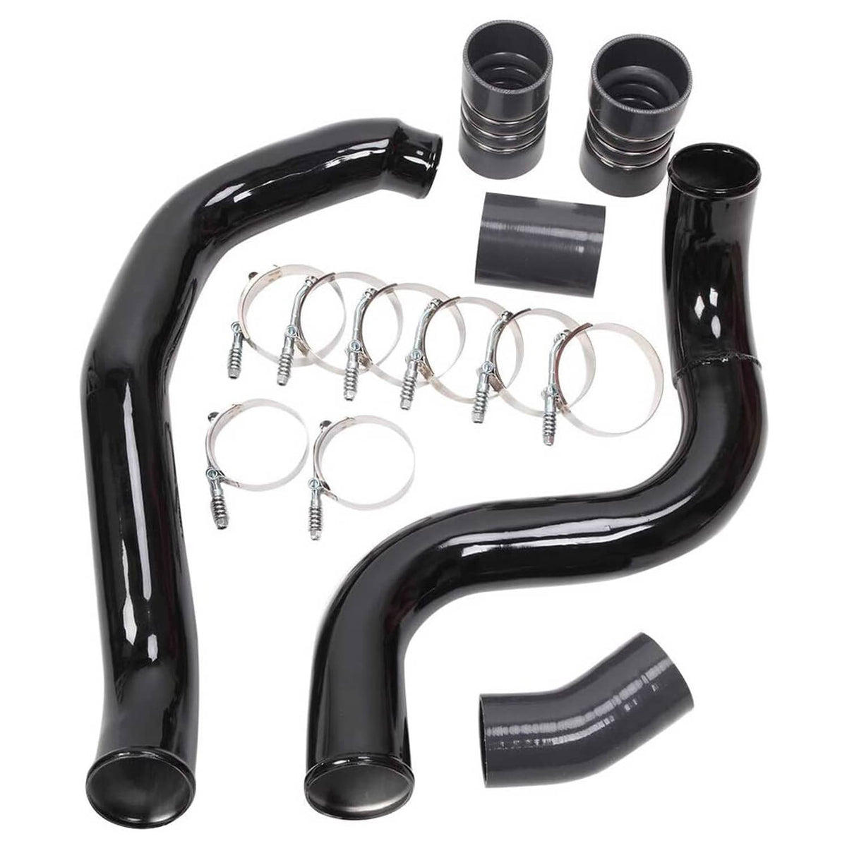 Black silicone intercooler hoses with couplers, small clamps, and mounting boots