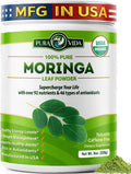 Moringa leaf powder jar with green label and moringa leaves, 8 oz
