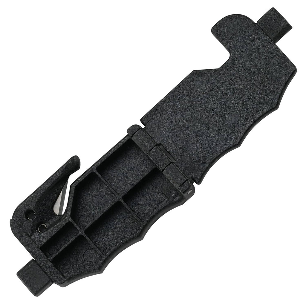 Black seatbelt cutter tool with blade housing and safety tip cover