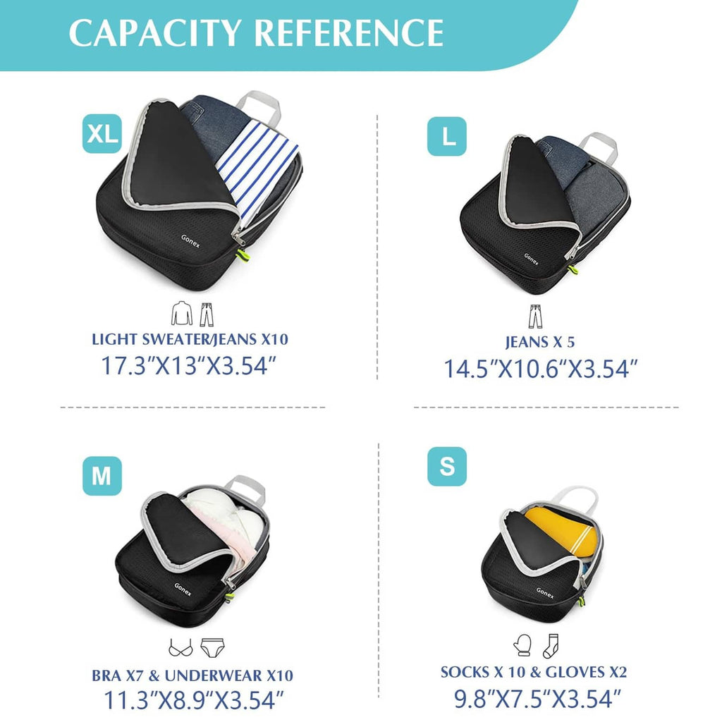 Gonex packing cube capacity guide with XL, L, M, and S storage sizes