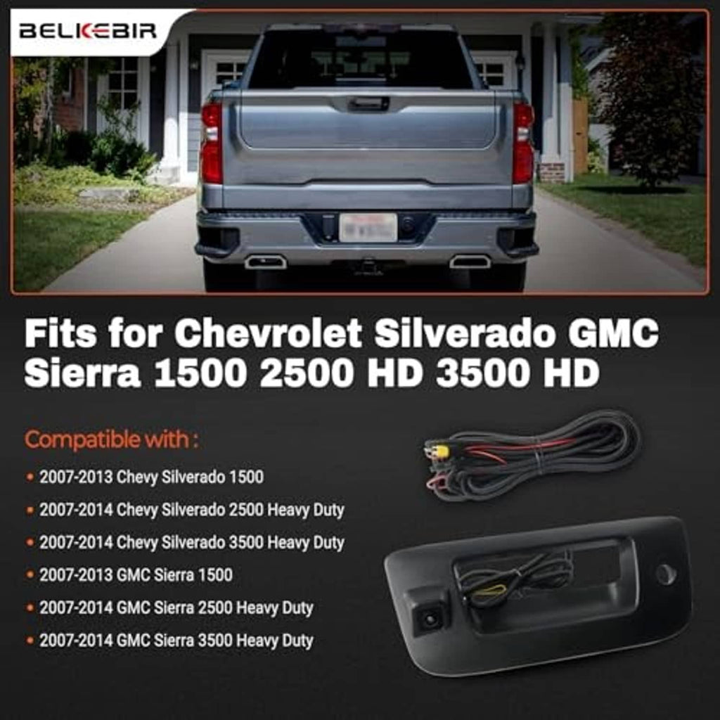 Tailgate backup camera setup with black handle and wiring, shown on rear of pickup
