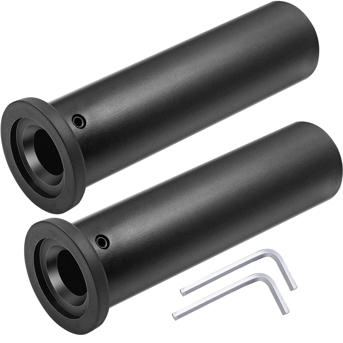Pair of black Olympic adapter sleeves with circular plate-post openings and side holes.