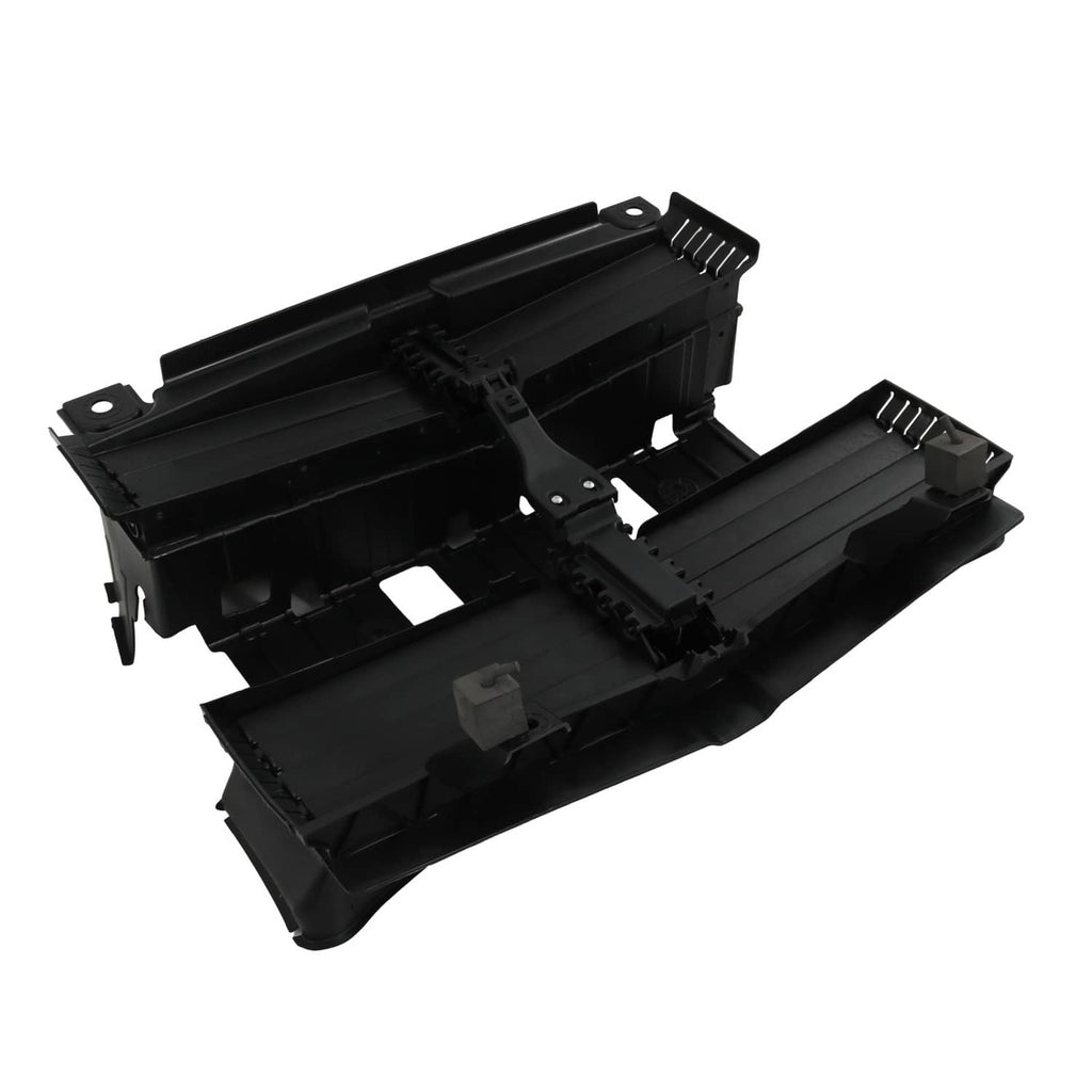 Radiator shutter assembly housing with motor, black plastic, underside and connector points