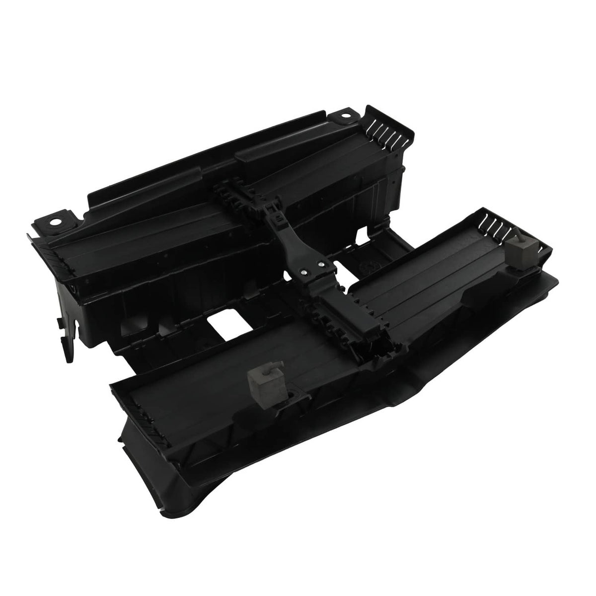 Radiator shutter assembly housing with motor, black plastic, underside and connector points