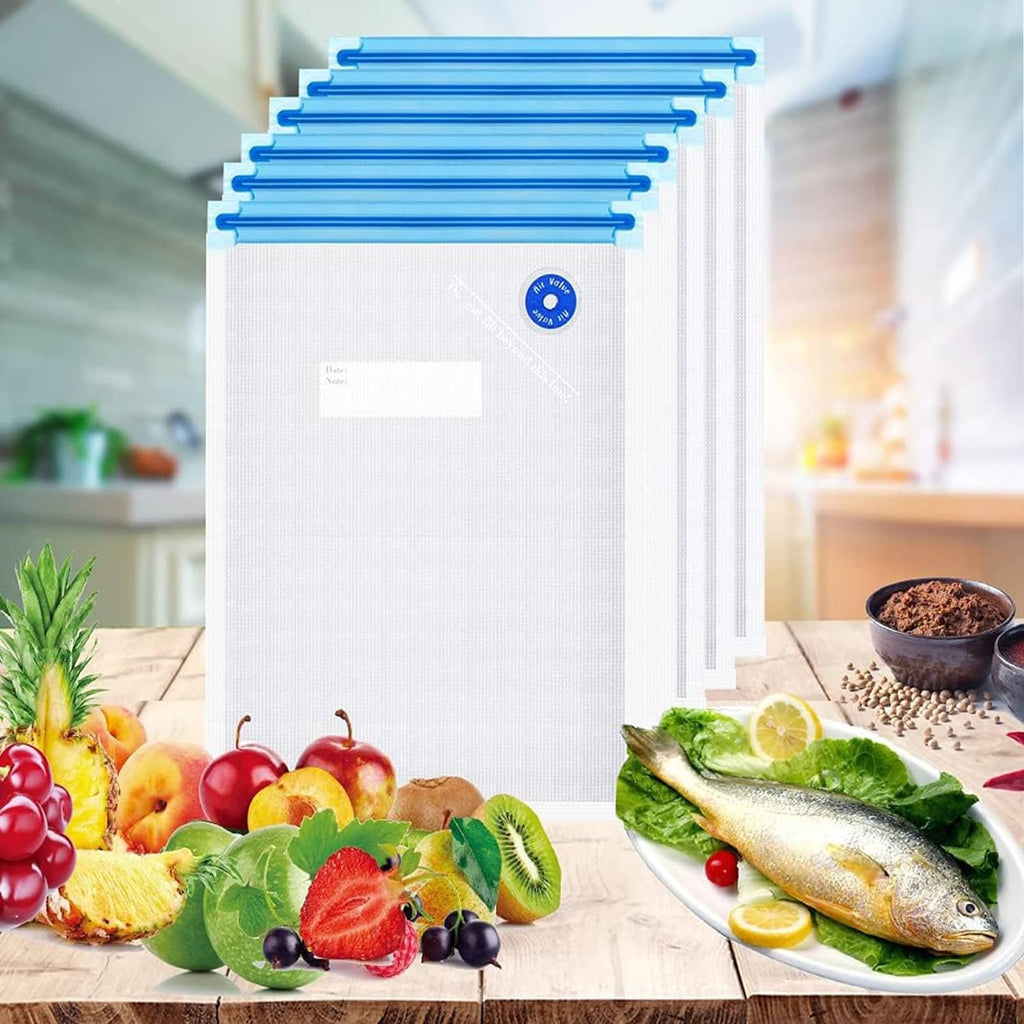 Stacked reusable vacuum sealer bags with blue zip seals and round air-valve circles