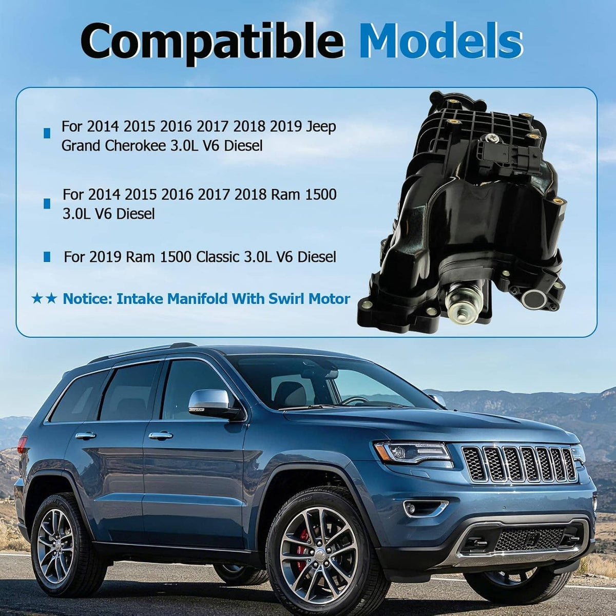 Intake manifold shown on car compatibility layout, black actuator and intake ports