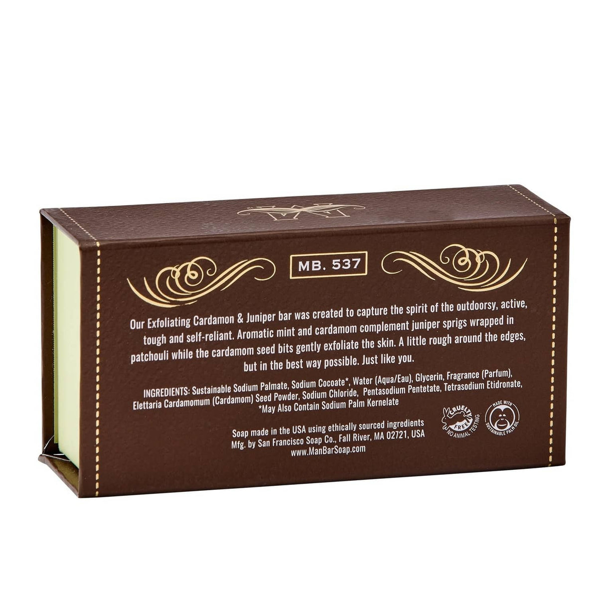 Man Bar exfoliating soap in brown box with ingredients text on side