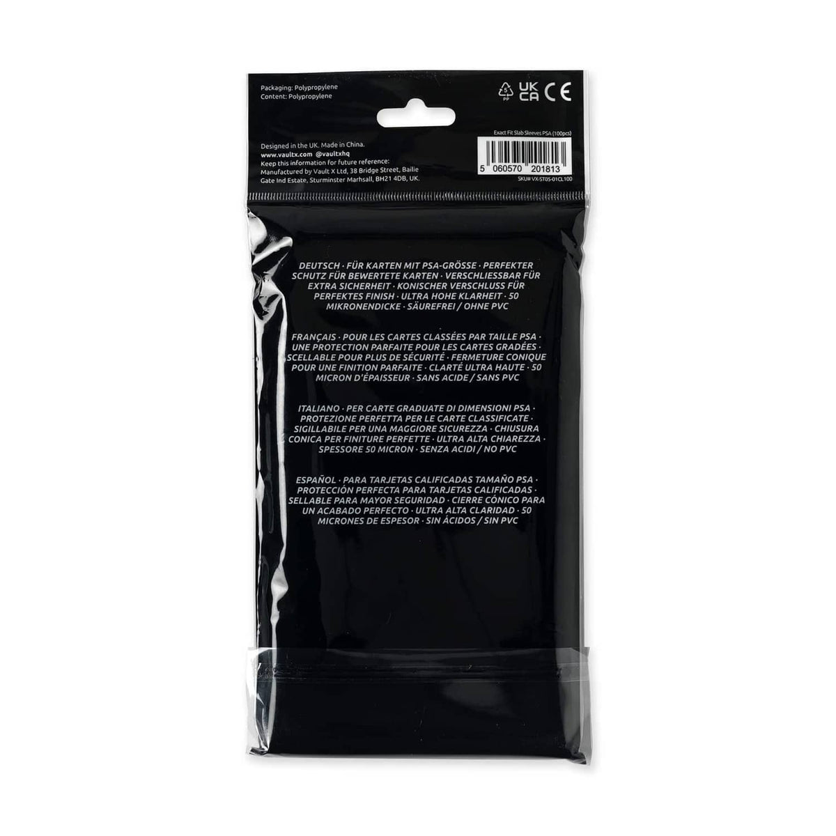 Back of Vault X exact fit slab sleeves 100-pack packaging, clear window
