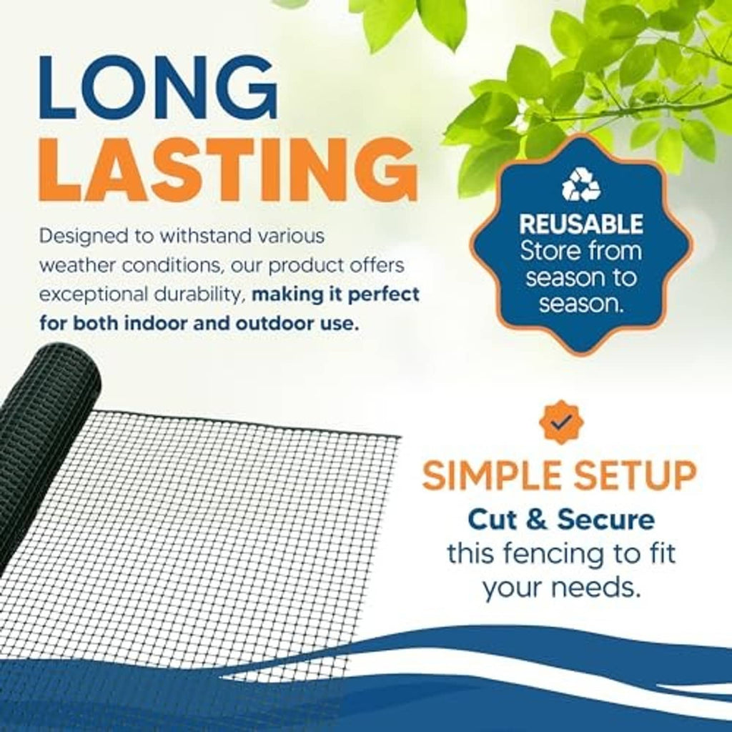 Green square-mesh plastic garden fence roll shown angled for easy cutting and setup