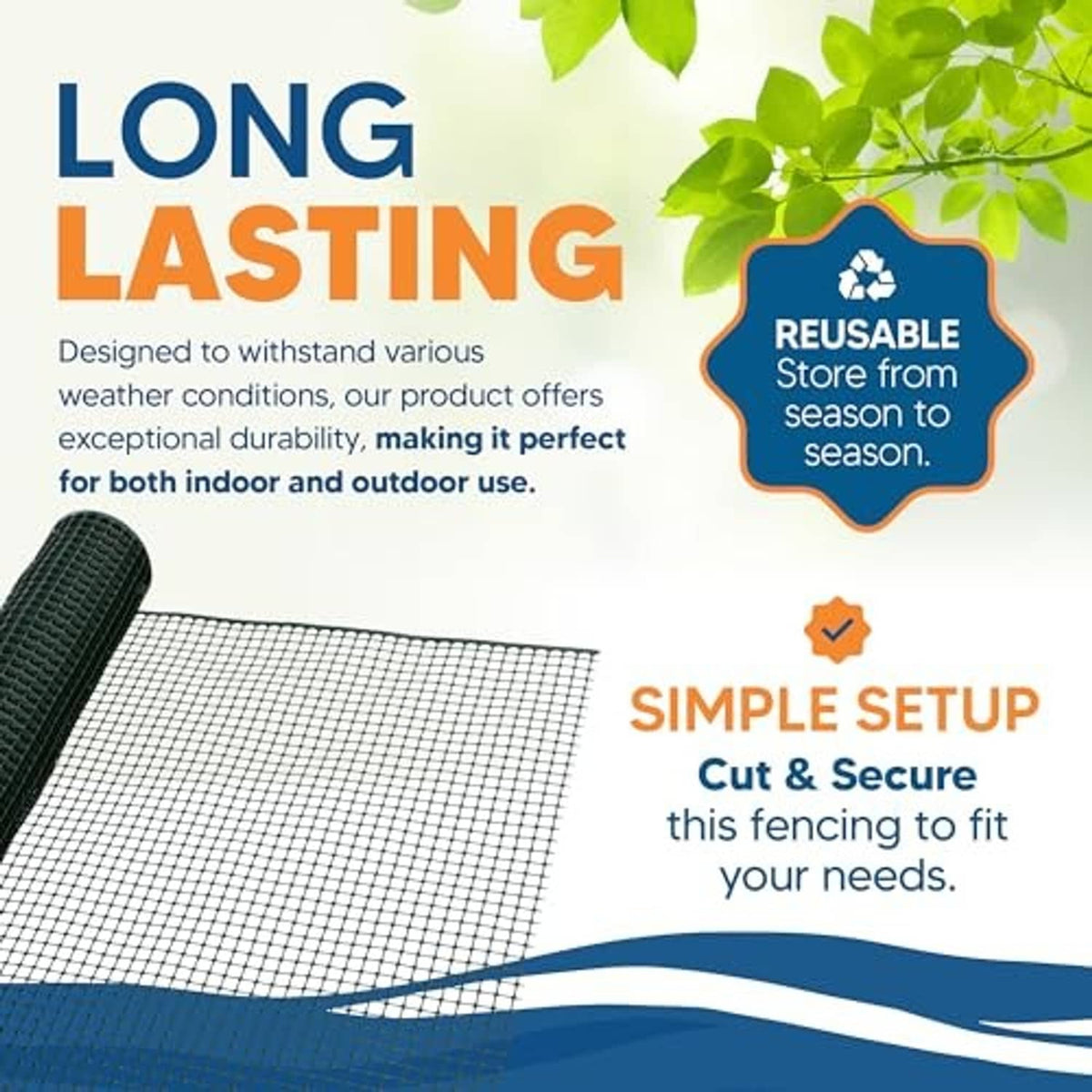 Green square-mesh plastic garden fence roll shown angled for easy cutting and setup