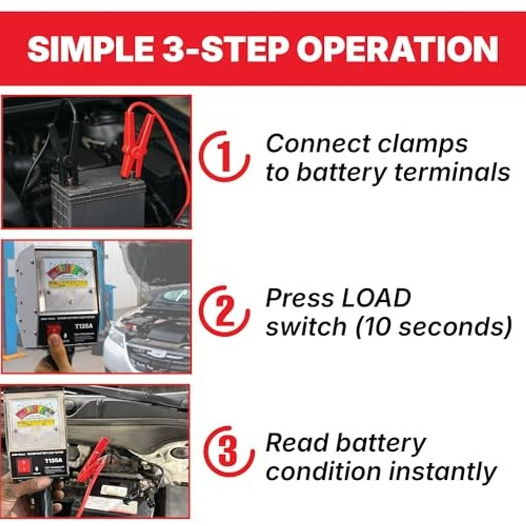 Battery load tester with red clamp connectors and handheld gauge unit