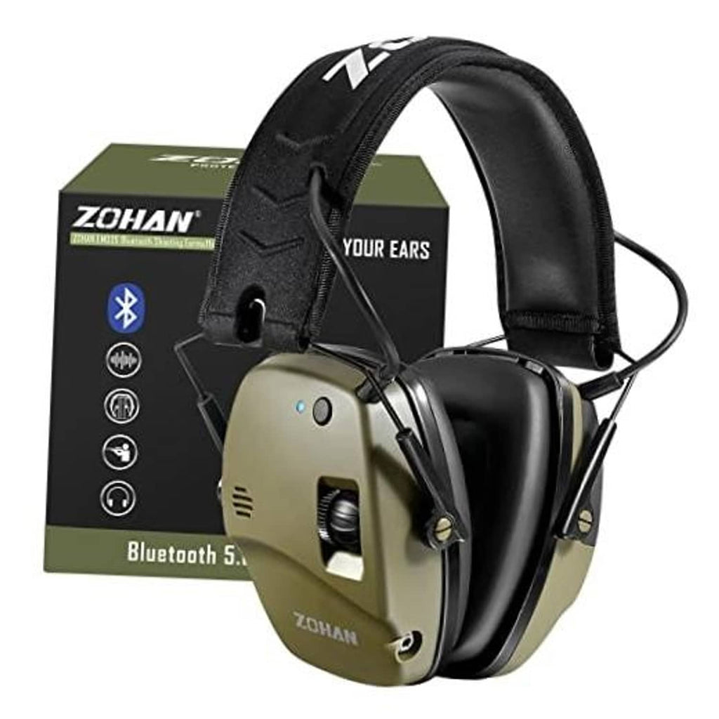 Electronic shooting earmuffs with black padded headband and green ear cups, Bluetooth headset