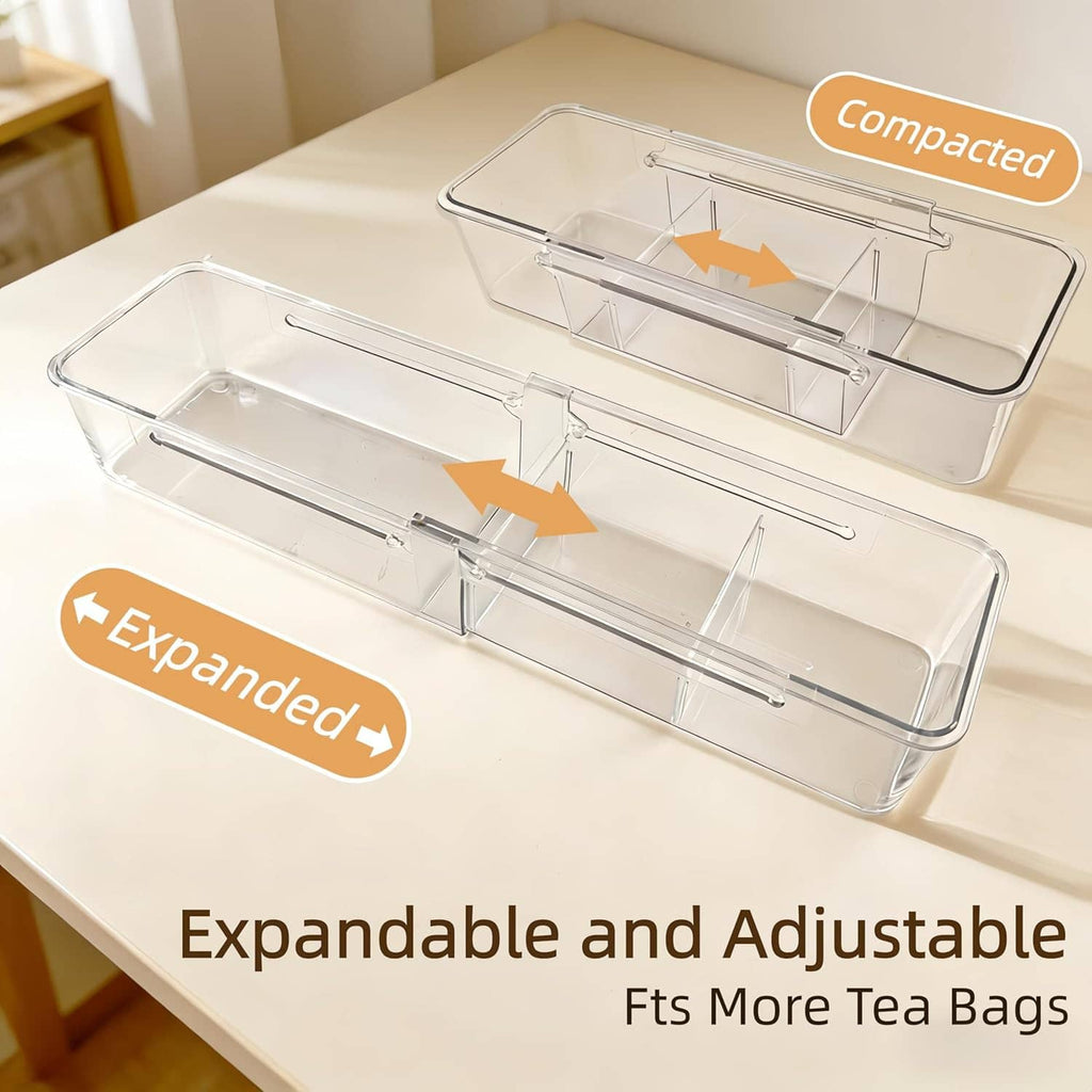 Clear acrylic tea bag organizer with adjustable divider bars, shown expanded
