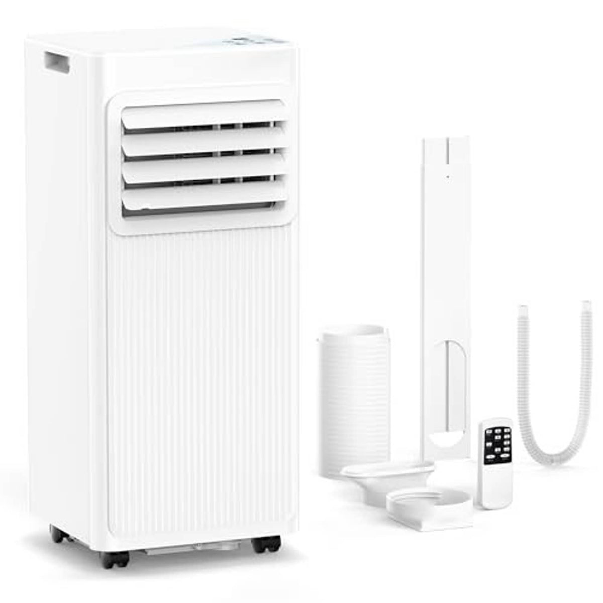 White portable air conditioner with vent, plus included hose and window kit pieces.