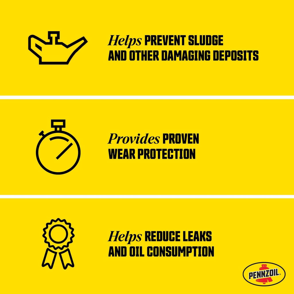 High Mileage motor oil 5W-30 icons: prevents sludge, wear protection, reduces leaks.