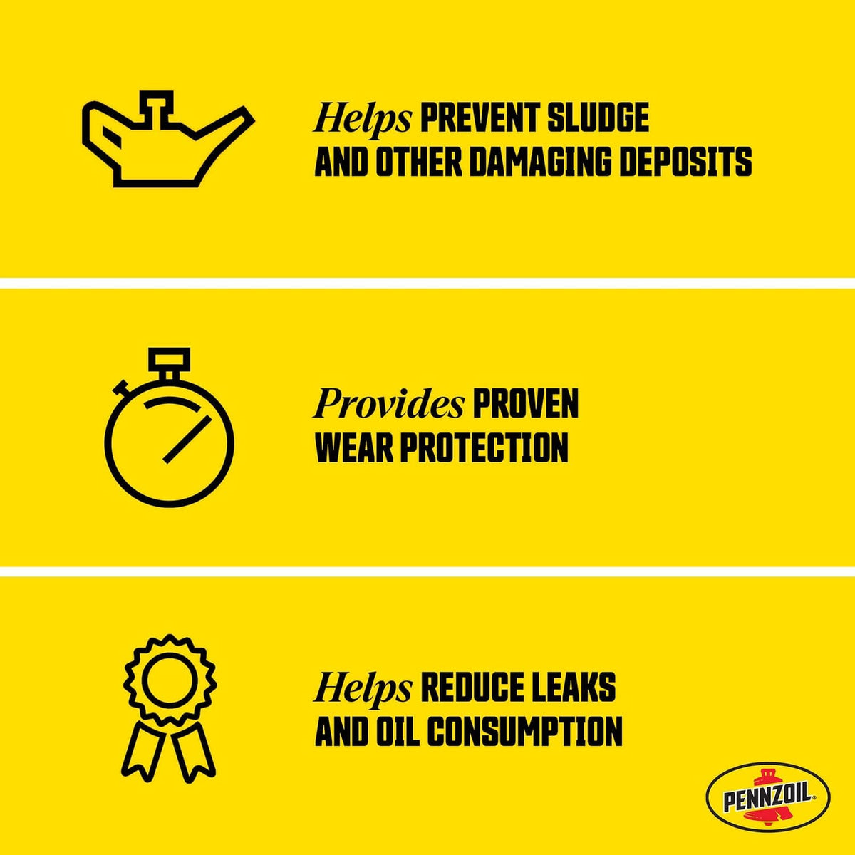 High Mileage motor oil 5W-30 icons: prevents sludge, wear protection, reduces leaks.