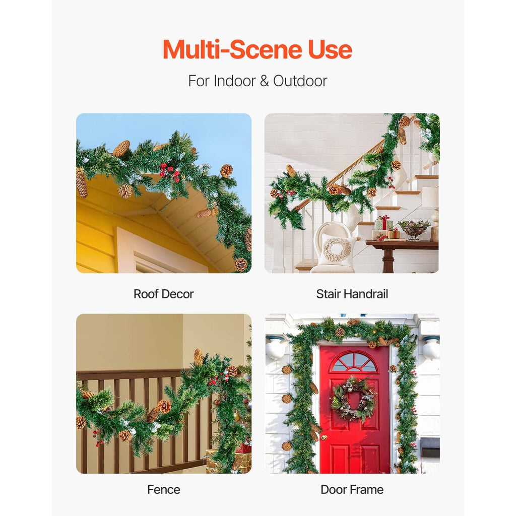 Christmas garland with pine needles, pinecones, and red berries for indoor or outdoor use