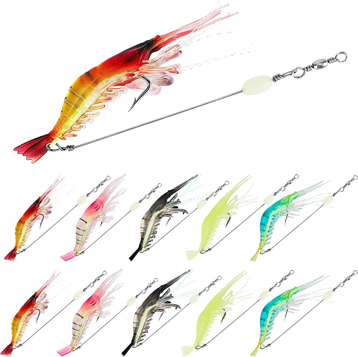 Soft shrimp fishing lure set, multicolor shrimp baits with treble hooks and leader line