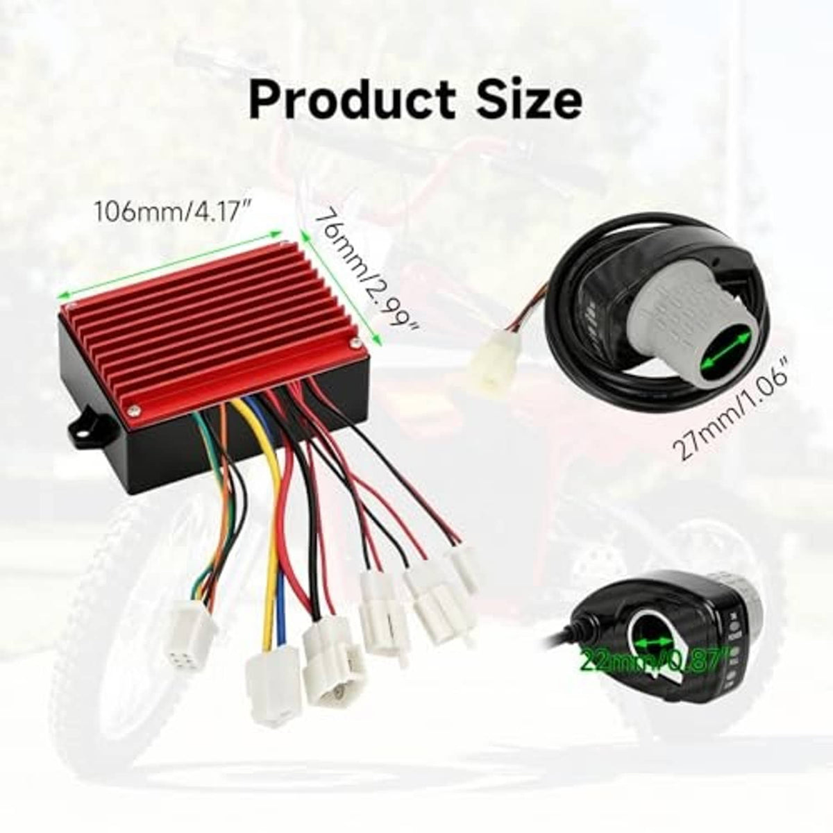 Red controller module with wiring harness and measurement-marked connector housing