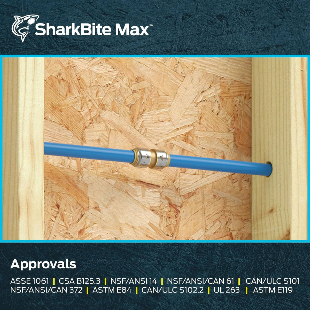 SharkBite Max push coupling connecting blue PEX pipe to plumbing line