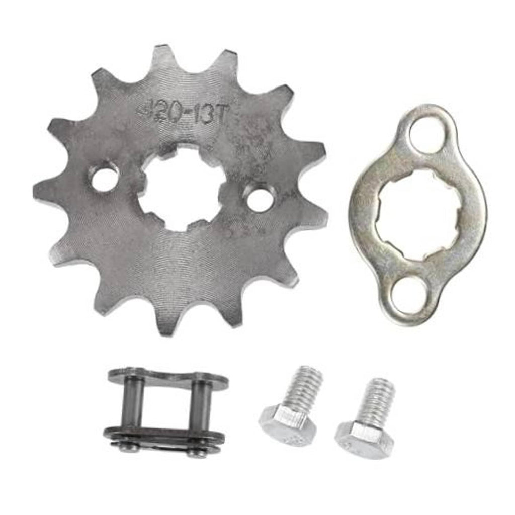 Motorcycle front engine sprocket set, 420-13T steel gear with mounting hardware