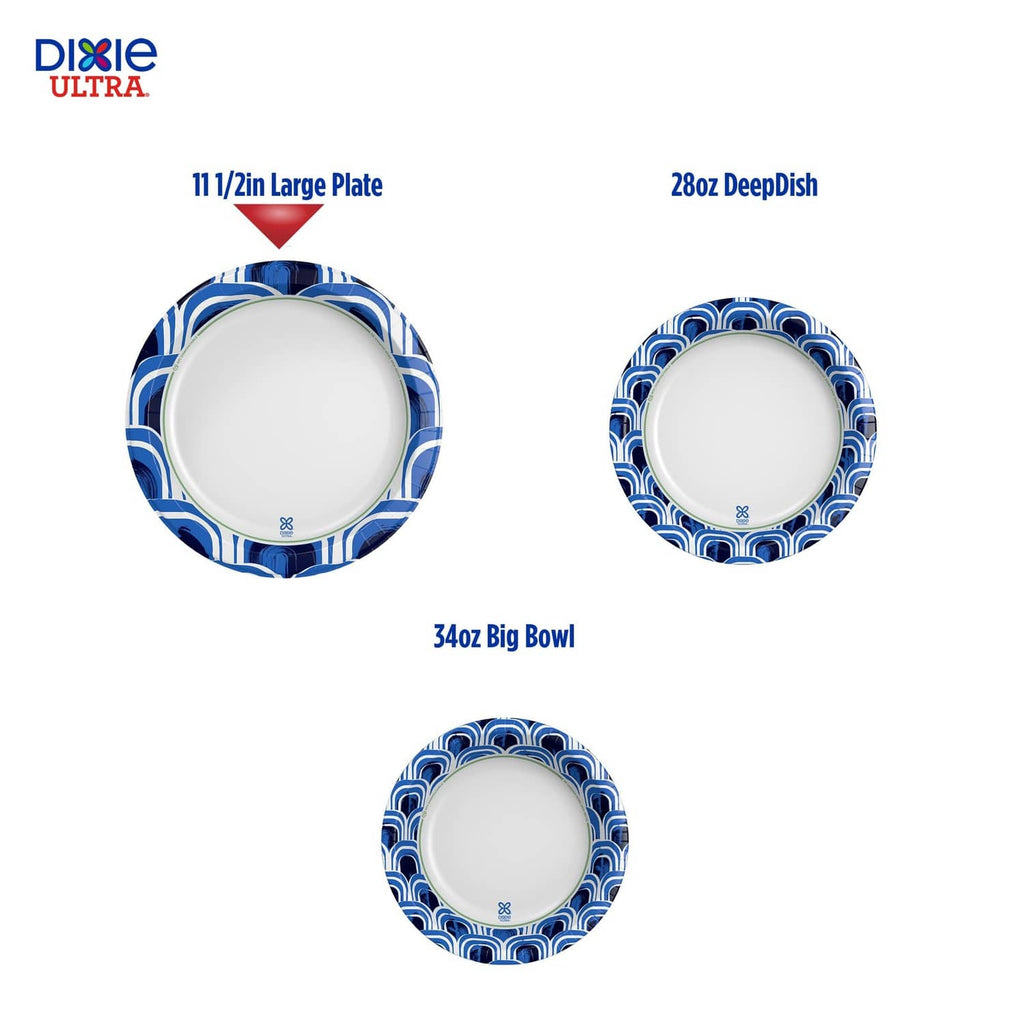 Blue-and-white patterned large paper plates, shown in 11½ inch size