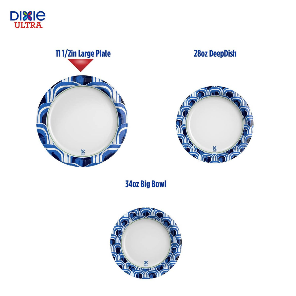 Blue-and-white patterned large paper plates, shown in 11½ inch size